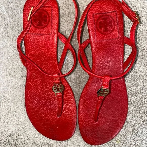 Tory Burch Red Leather T-Strap Wedge Sandals Gold Logo Medallion Women’s - Picture 3 of 7